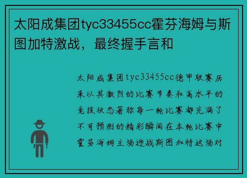 太阳成集团tyc33455cc霍芬海姆与斯图加特激战，最终握手言和